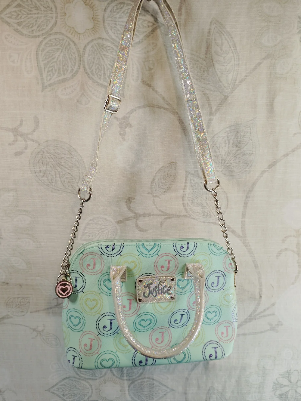 Justice Mint Pastel Logo Crossbody Bag with Glitter Handles